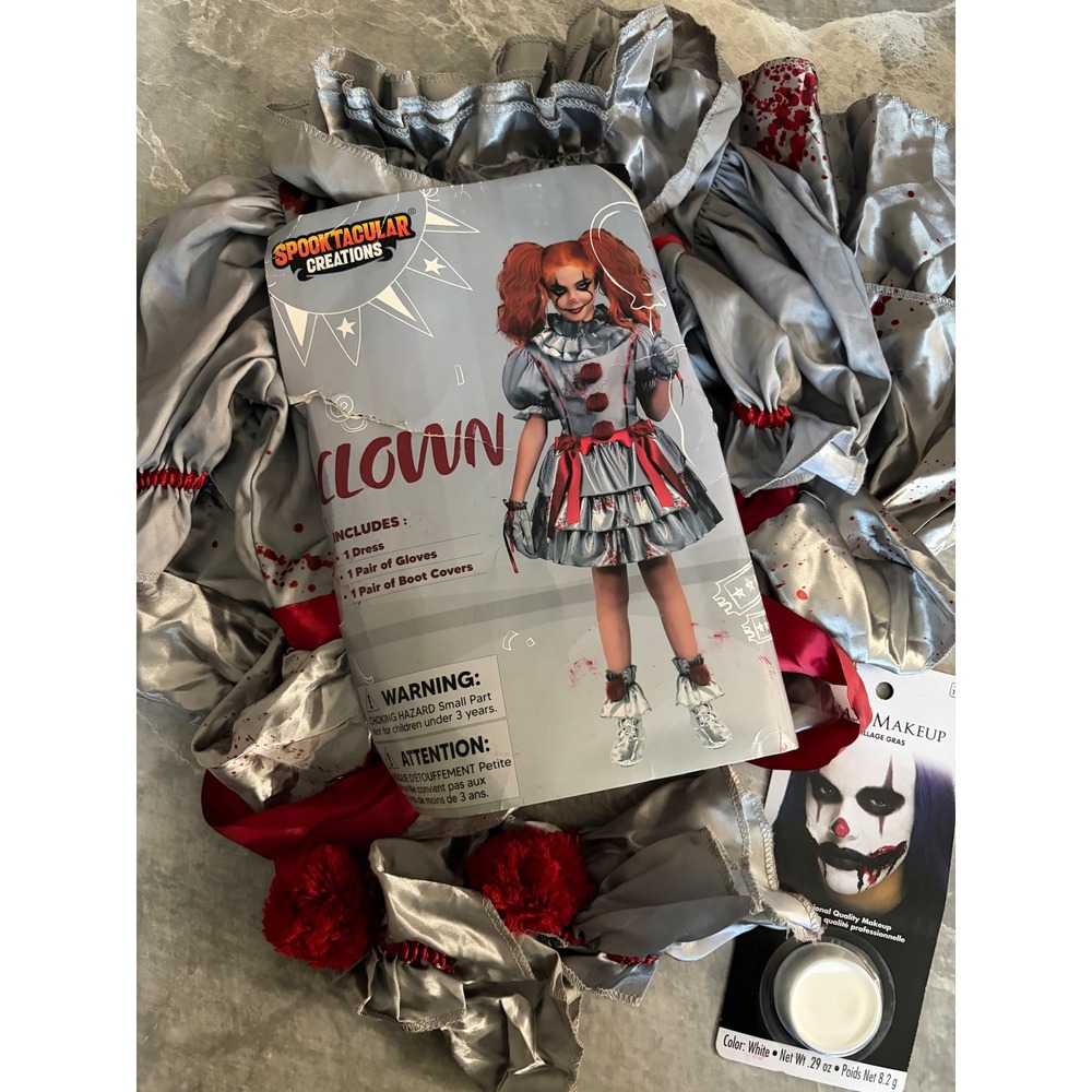 | Scary Clown Costume Set | girls Large 10-12 || Silver Red|